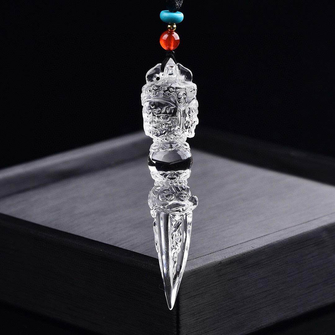 天然白水晶金刚降魔杵吊坠白水晶雕刻透明普巴金刚撅铃挂件男女款