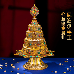 尼泊尔曼扎盘全套手工掐丝宝石曼茶罗莲花盘八吉祥铜大号曼扎11cm
