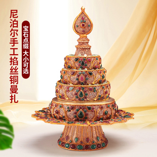 圆莲花尼泊尔手工曼扎盘全套红铜鎏掐丝曼茶盘曼茶罗修盘10/16cm