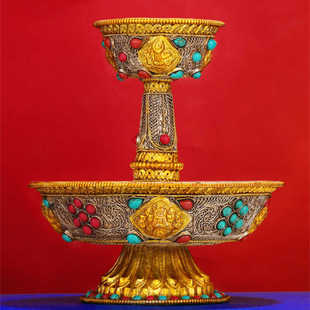 尼泊尔纯铜护法杯八吉祥藏传密宗供水杯手工掐丝佛前供奉圣水杯