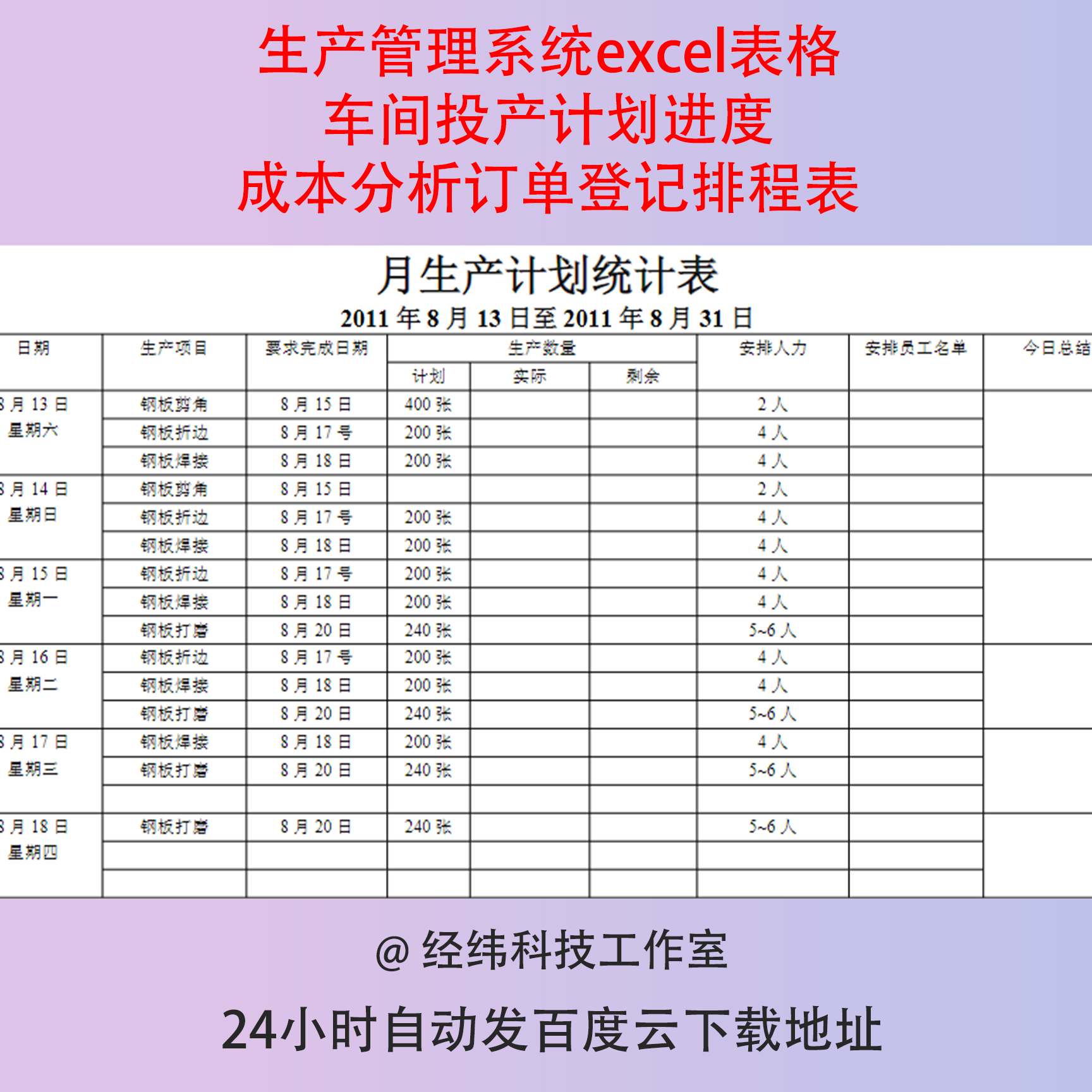 生产管理系统excel表格车间投产计划进度成本分析订单登记排程表