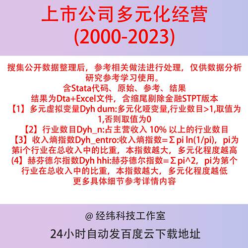 多元化经营指标2023-2000Stata代码01变量/行业数/熵指数/赫芬HHI