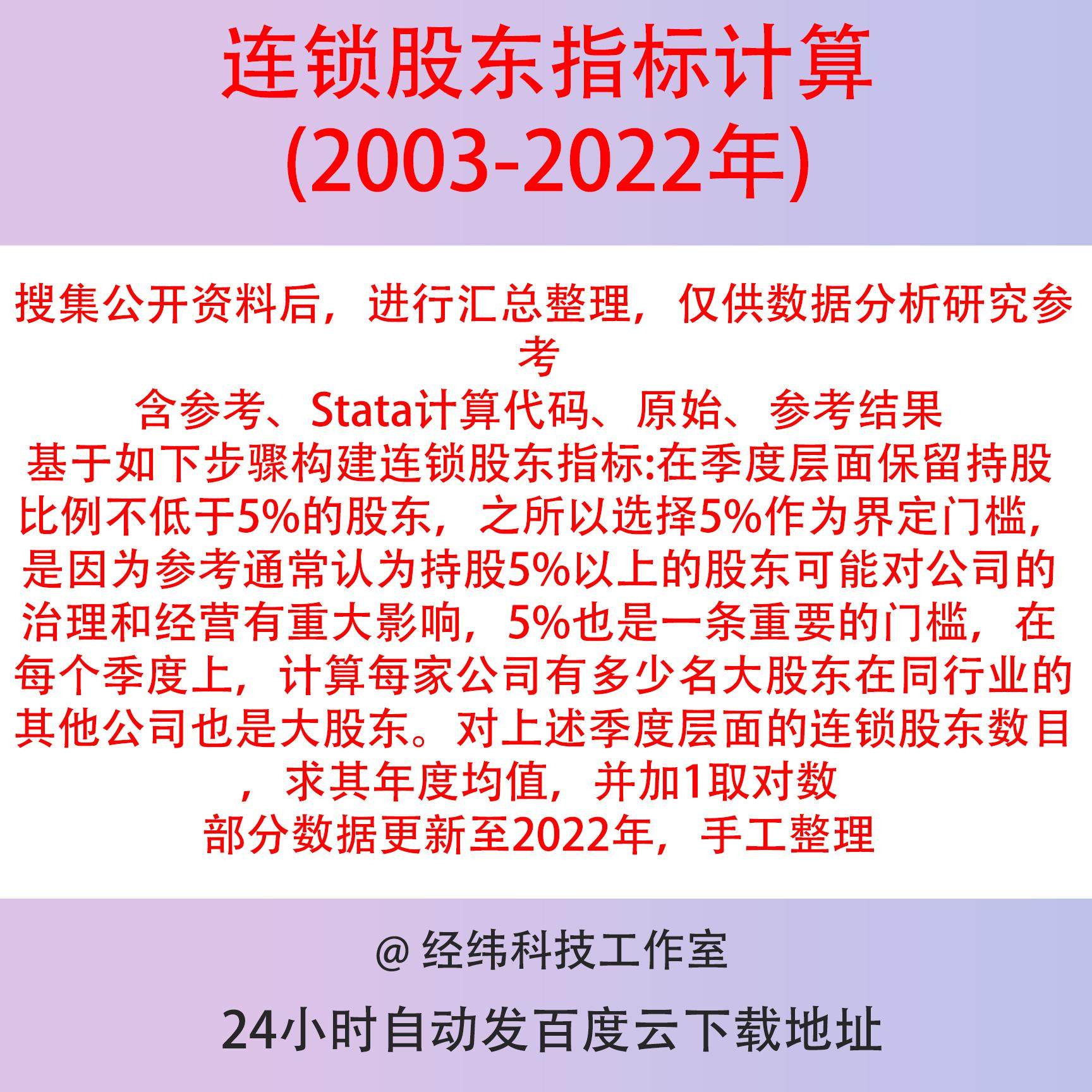 连锁股东指标计算2022-2003Stata计算代码 说明 结果上市公司数据
