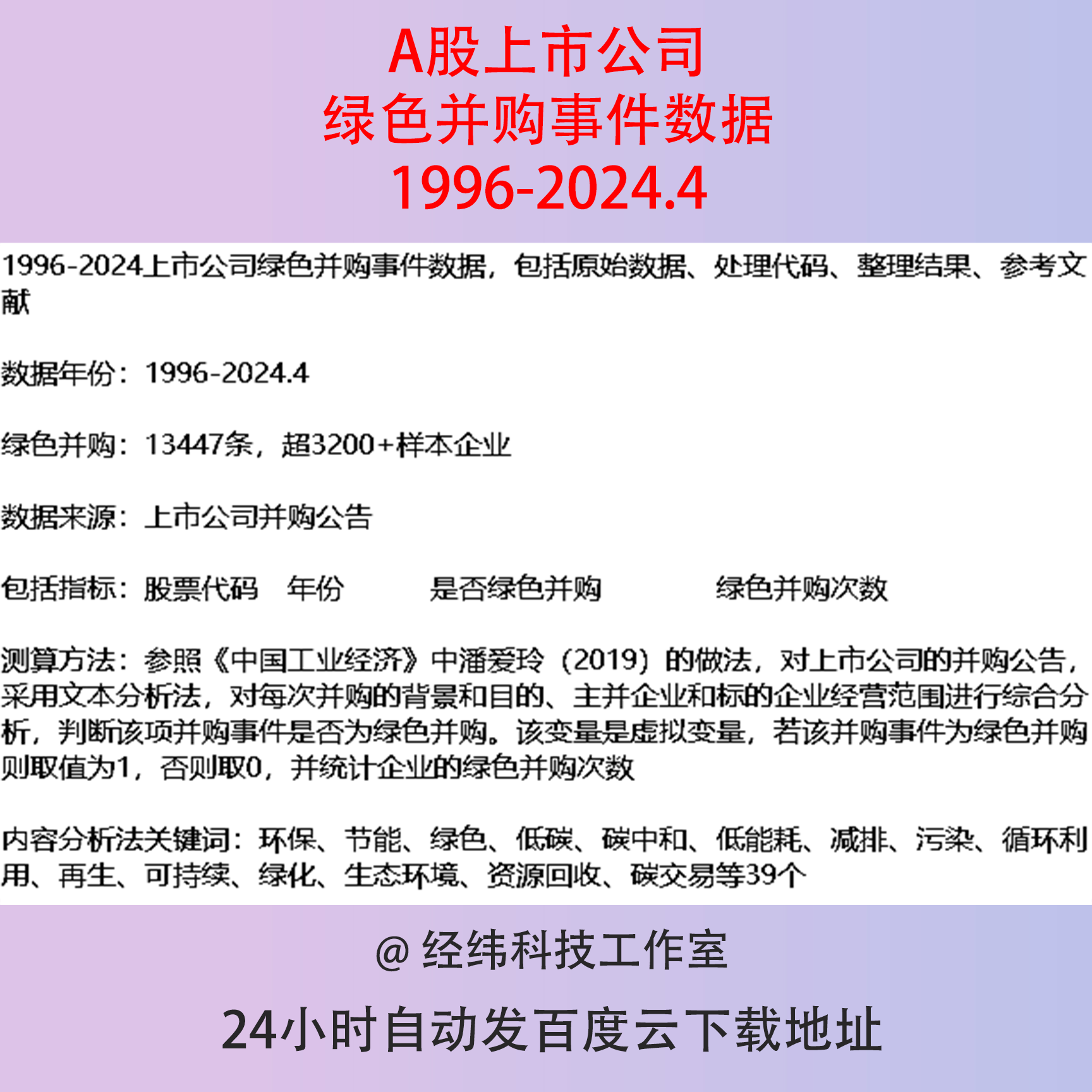 1996-2024年A股上市公司绿色并购事件统计原始数据代码内容分析法