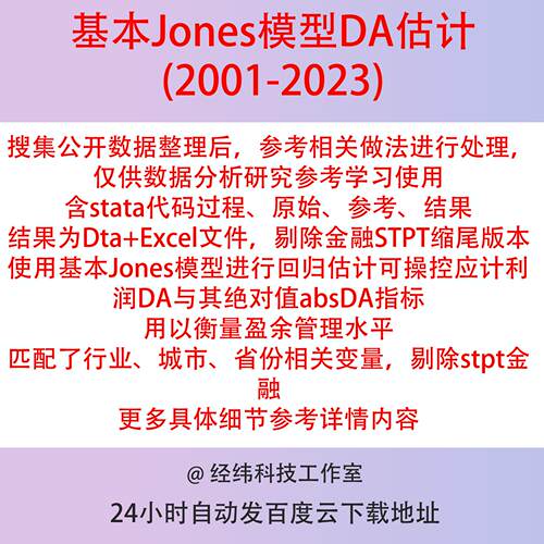 基本Jones模型2023-2001年DA计算盈余数据含stata代码过程参考等
