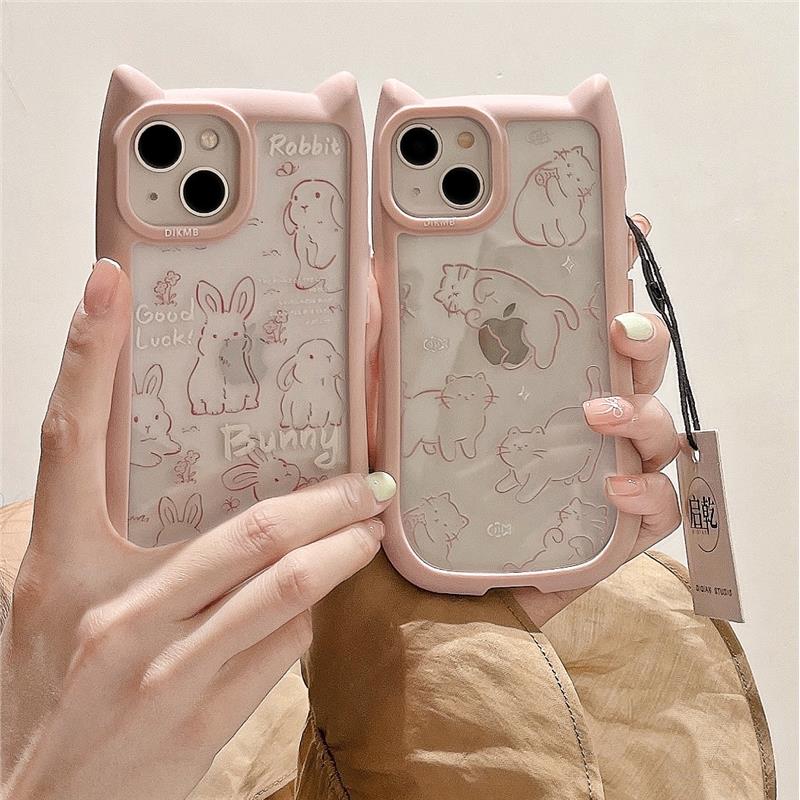 粉色线条兔子iPhone15手手机保护套/壳