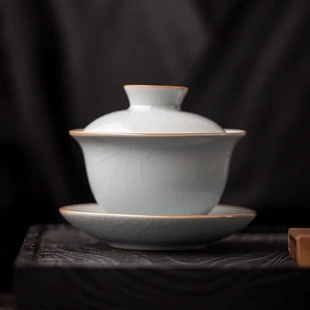 汝窑开片三才盖碗陶瓷功夫茶具单个可养茶碗冰裂泡茶器家用不烫手