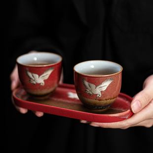 故宫红功夫茶具家用结婚对杯托盘小茶碗礼盒 品茗杯主人杯陶瓷