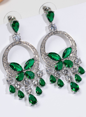 绿蝴蝶锆石火彩流苏耳环欧美时尚百搭水晶耳饰女复古优雅耳坠