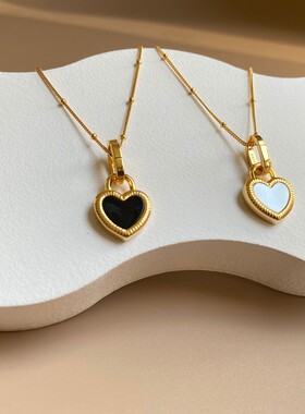 双面爱心项链女黑白桃心毛衣链铜镀金贝母红心吊坠探索锁骨链