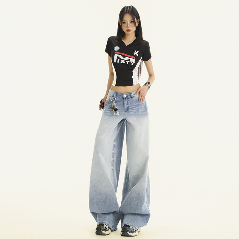 VWU美式浅色阔腿牛仔裤女