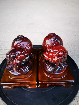 正品桂林鸡血玉石招财貔貅摆件一对客厅办公室风水摆件19-10-16cm