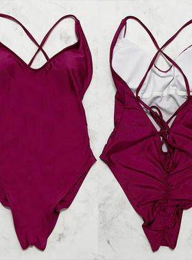 One-piece solid color backless swimsuit 连体纯色露背泳衣女士
