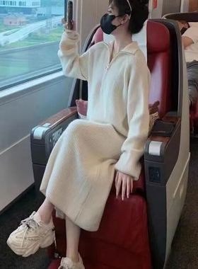 Fashionable Zipper Collar Knitted Dress 拉链翻领针织连衣裙女