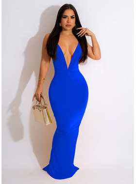 Sexy V-neck Sleeveless Wrapped Hip Long DressV领无袖包臀长裙