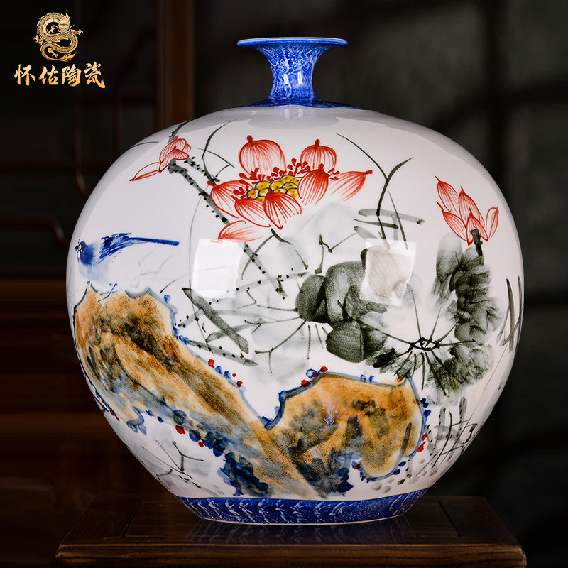 景德镇陶瓷大师彷古手绘陶瓷荷花插花摆件花瓶中式客厅电视柜大号