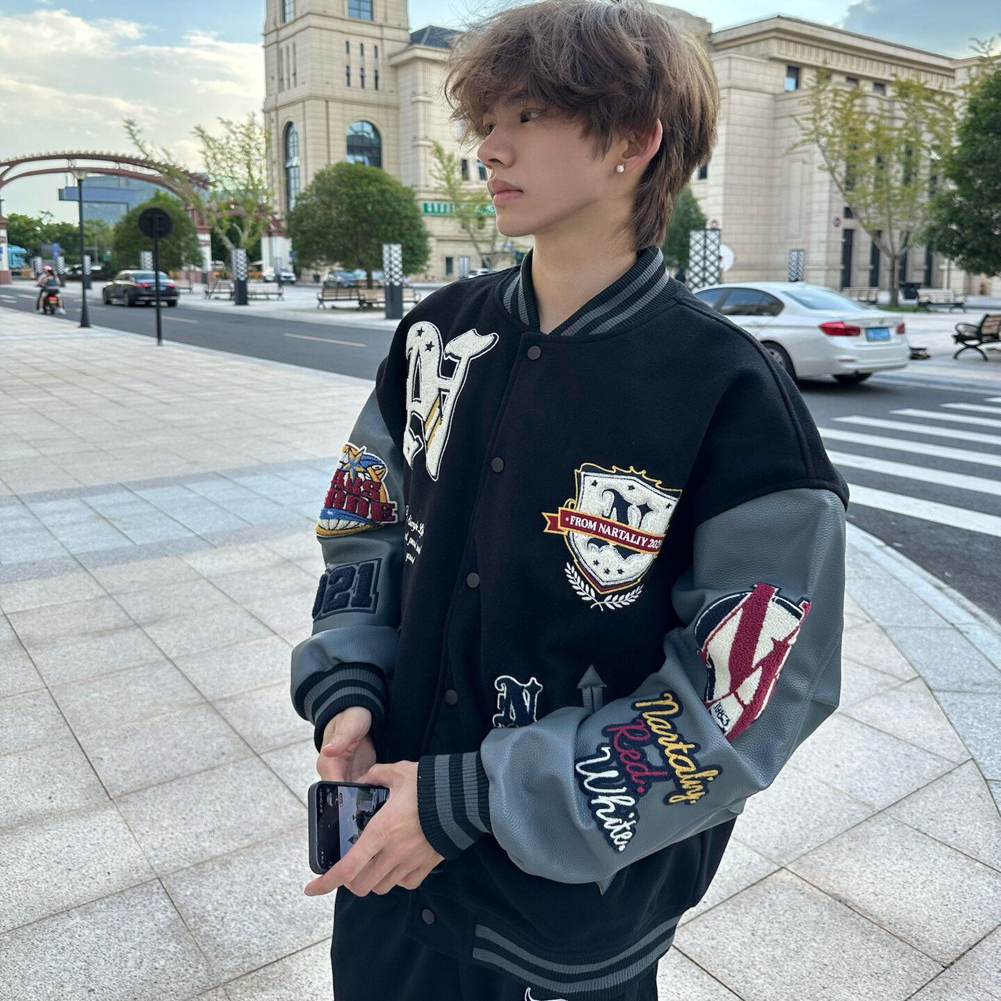 美式复古风毛巾绣徽章棒球服夹克