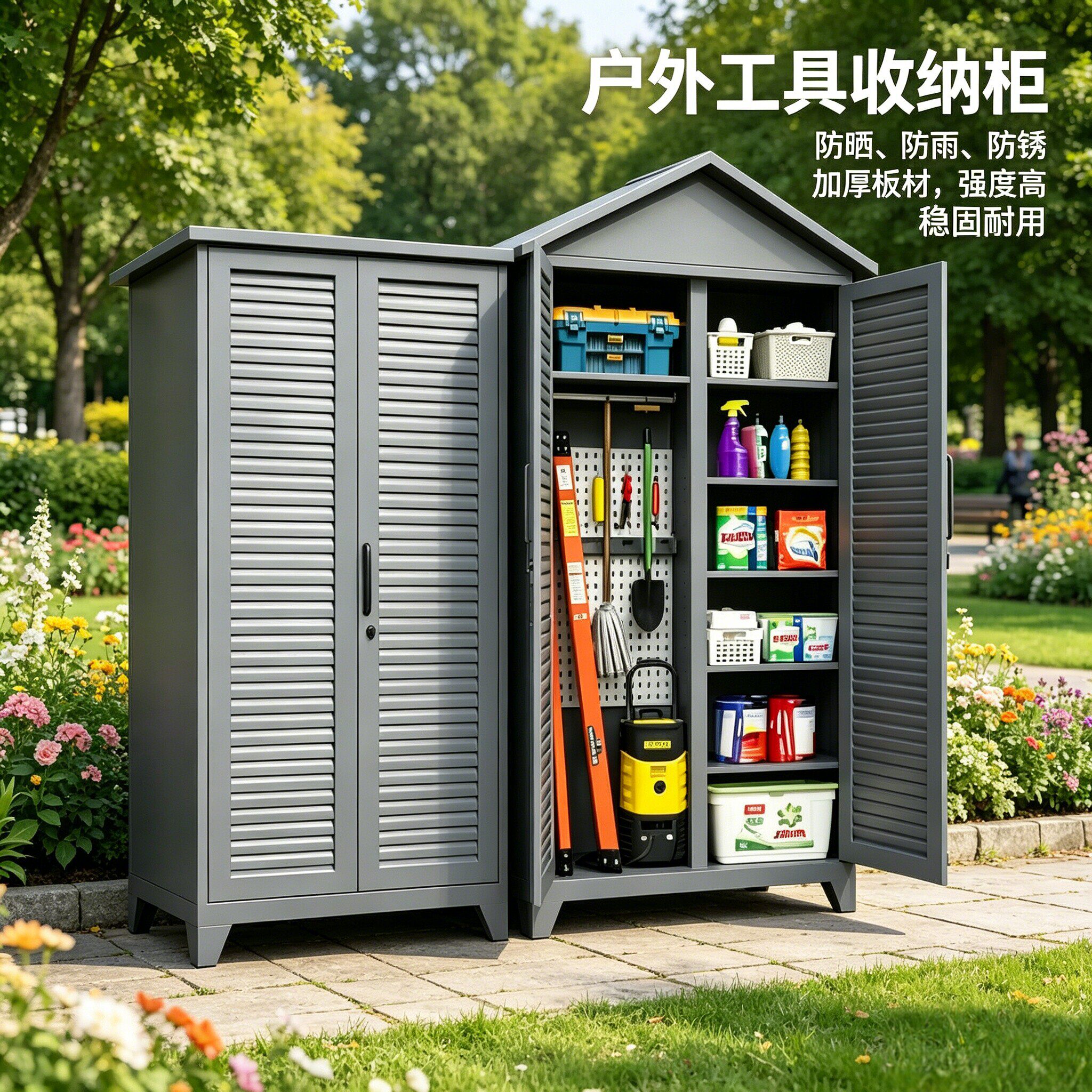 户外储物柜公园花园工具收纳柜防雨防锈耐高温杂物拖把收纳清洁柜