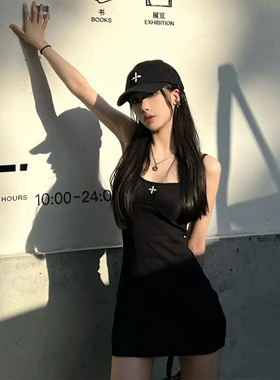 SMFK 黑白撞色性感背心裙立体刺绣修身露背包臀无袖纯棉连衣裙