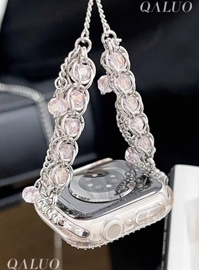 QALUO新款纯手工西域水晶不锈钢表带适用apple watchS11/S10表带iwatch9苹果手表se87654代41/45mm女生高级感