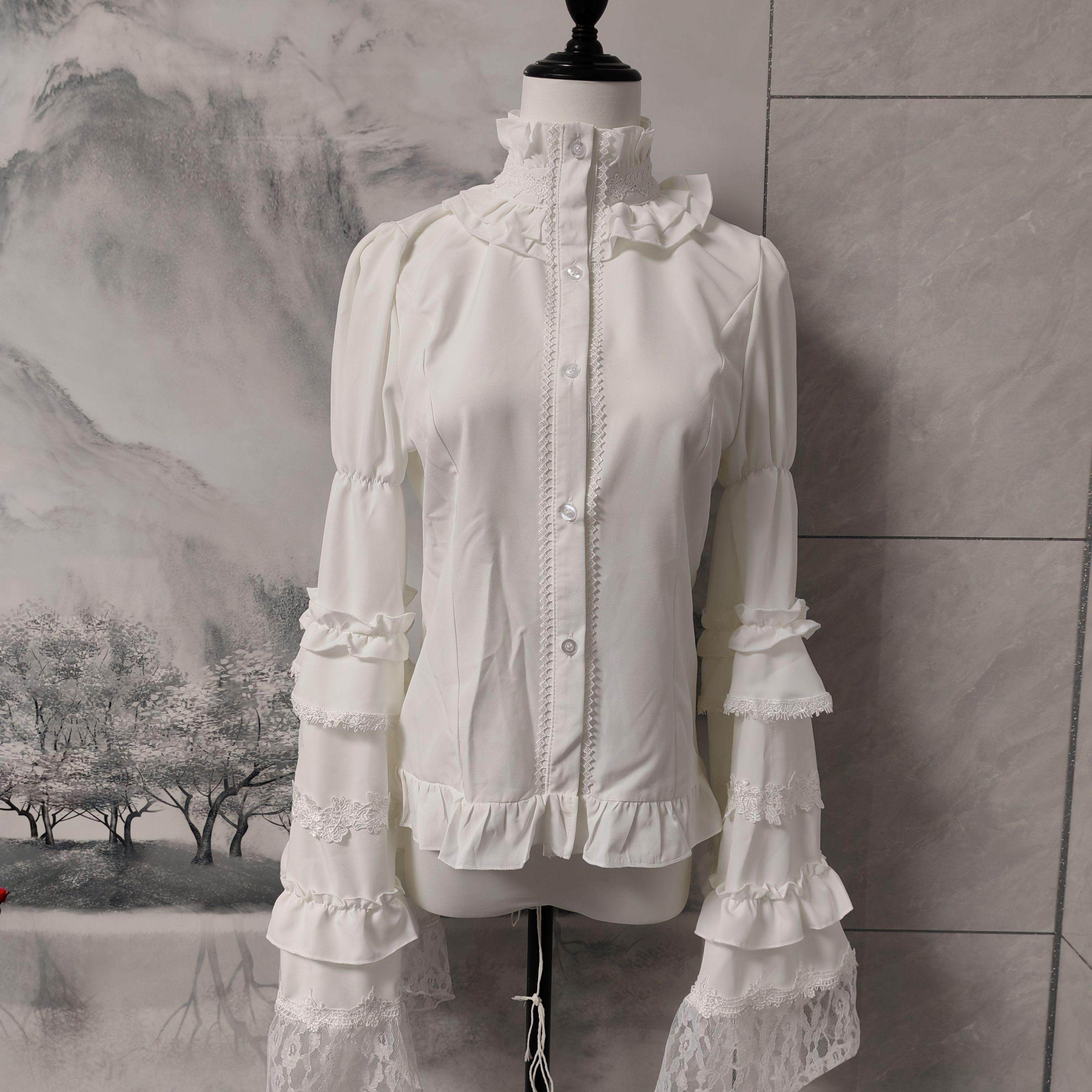 黑白色哥特Lolita华丽蕾丝花边内搭衣服姬袖衬衫洛丽塔打底衬衫