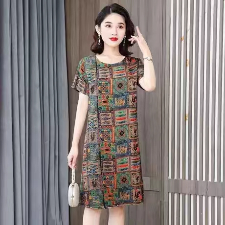 亏本冲量淘宝特价版厂家换季清仓限时抢购中年妈妈夏装印花连衣裙女2023新款洋气宽松遮肉中老年高贵裙子女