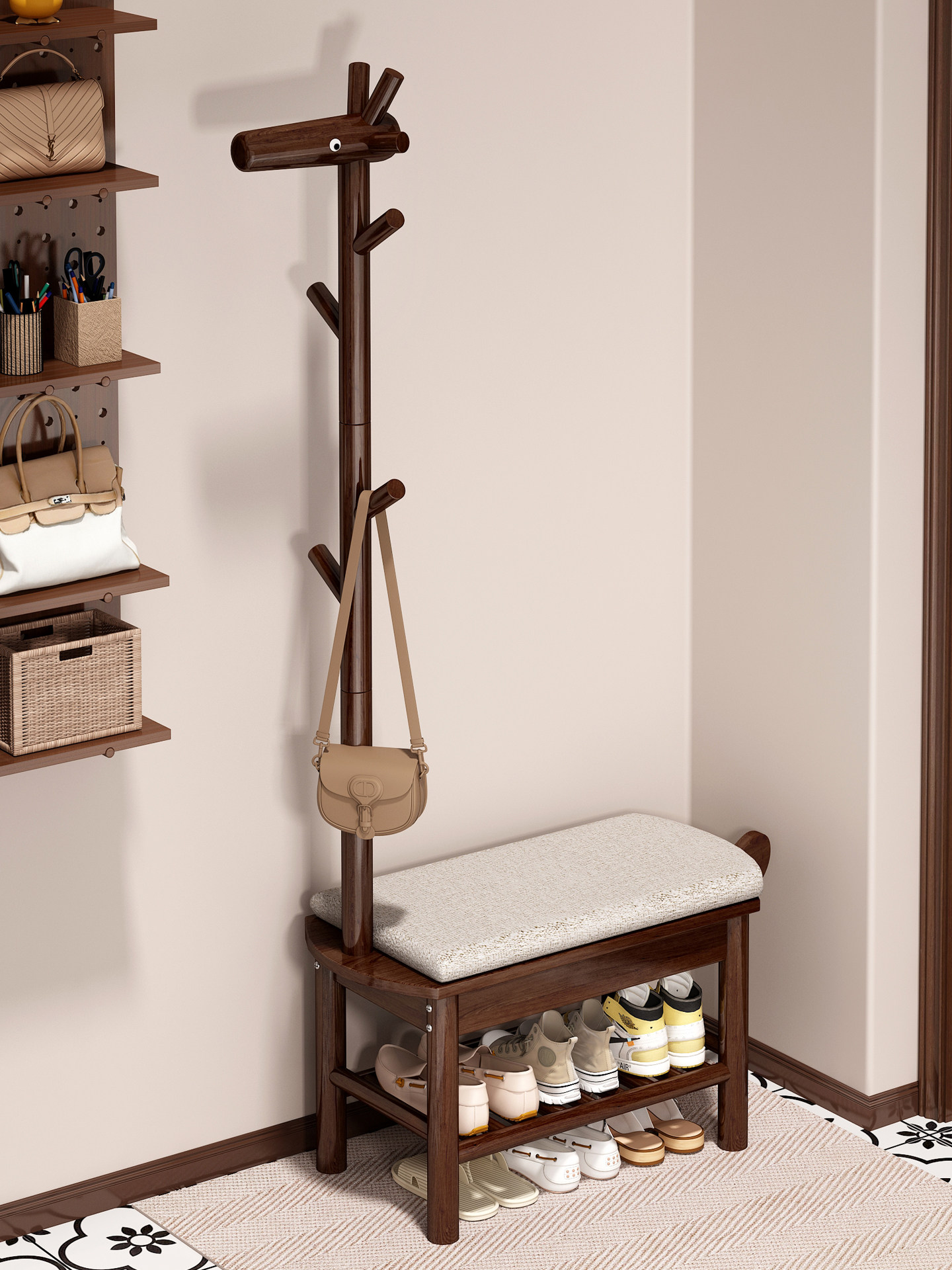 实木小鹿衣帽架落地玄关换鞋凳挂衣架一体家用客厅卡通创意穿鞋凳