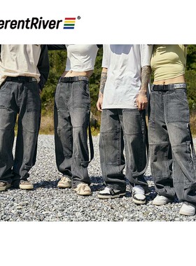 DifferentRiver2023春季户外风水洗灰磨边宽松复古阔腿直筒牛仔裤