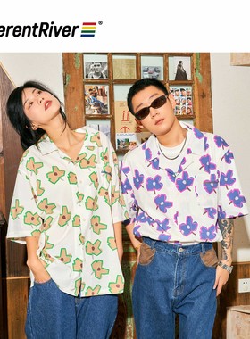 DifferentRiver2023夏季男女同款宽松太阳花满印古巴领短袖衬衫