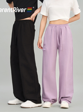 DifferentRiver2024春夏男女同款简约休闲高腰抽绳半收脚运动裤