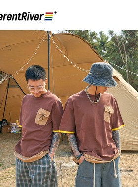 DifferentRiver2023夏季撞色拼接户外机能风假两件抽绳短袖T恤