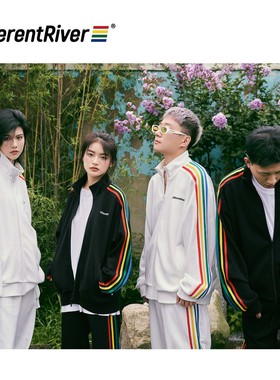 DifferentRiver秋冬派对 彩虹拉条立领拉链运动休闲基础卫衣外套