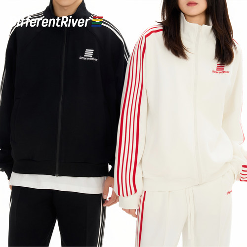 DifferentRiver2024秋冬男女同款复古撞色拉条休闲运动套装
