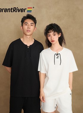 DifferentRiver2024春夏简约设计感小众圆领系带休闲百搭上衣T恤