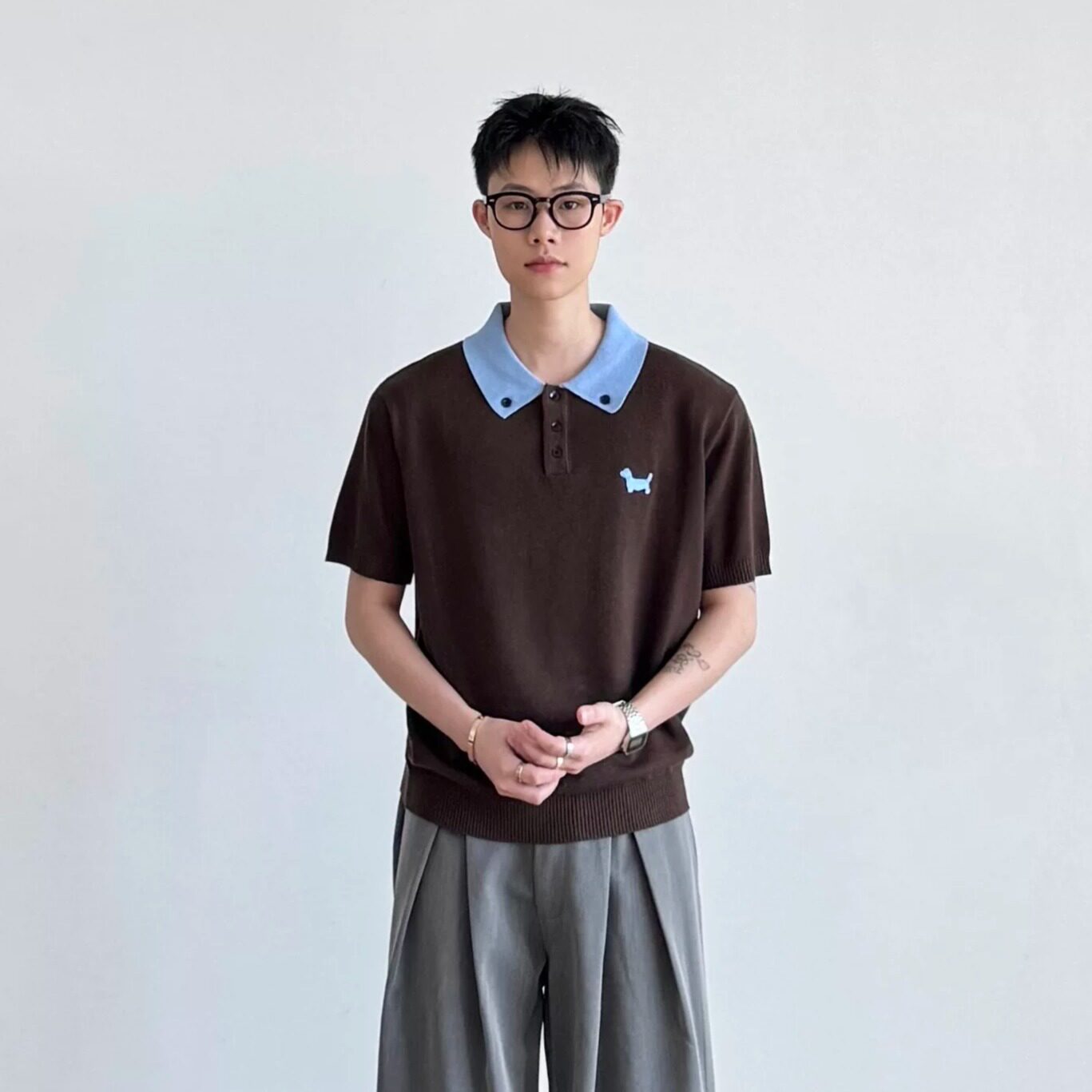 SIIIEND学院风刺绣小狗短袖polo衫男女撞色翻领老钱风复古羊毛T恤
