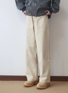 siiiend美式复古棉白色大口袋宽松直筒阔腿休闲百搭长裤子男春秋