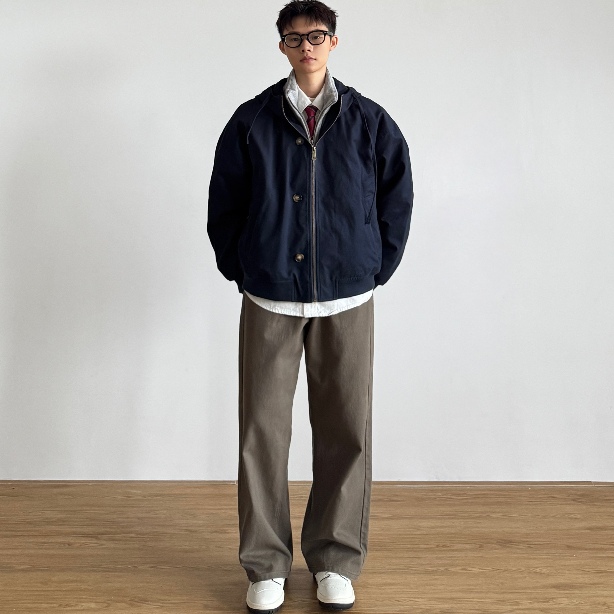 日系复古水洗做旧连帽夹克