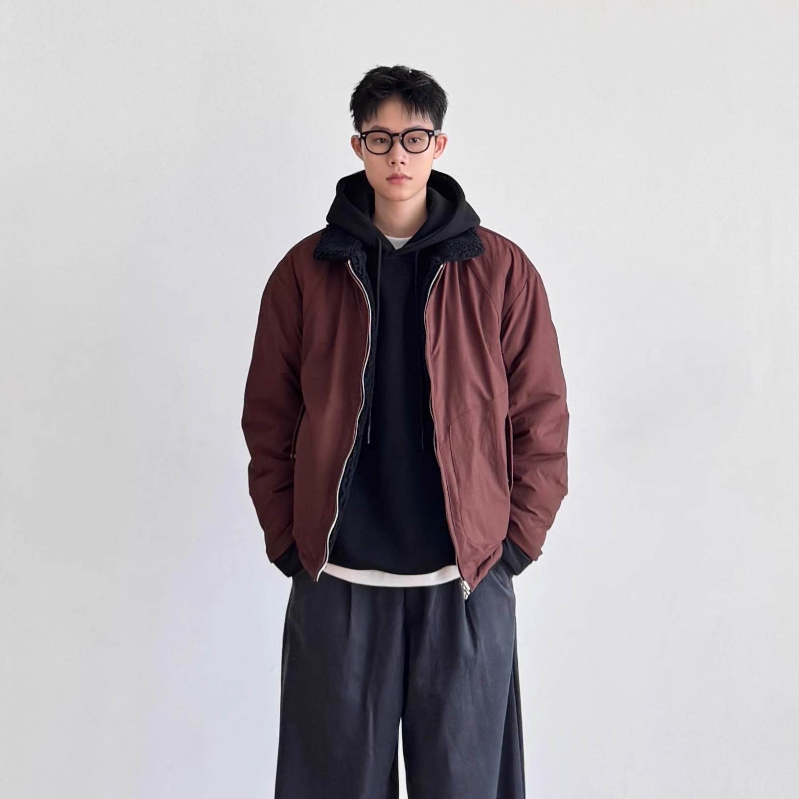短款复古拼接翻领棉服