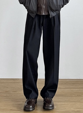 siiiend 男士休闲裤裤子宽松直筒复古褶皱中缝皮筋休闲西裤