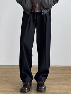 siiiend 男士休闲裤裤子宽松直筒复古褶皱中缝皮筋休闲西裤