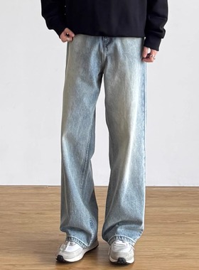 SIIIEND美式风Clean阔腿牛仔裤男直筒长裤浅蓝色休闲baggy裤子