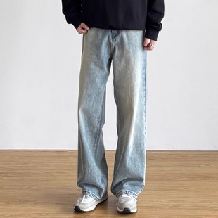 浅蓝色休闲baggy裤 男直筒长裤 子 风Clean阔腿牛仔裤 SIIIEND美式
