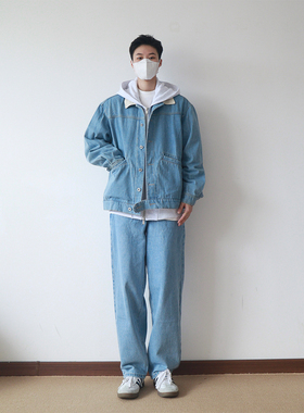 siiiend浅蓝色日系cityboy水洗休闲牛仔夹克外套男翻领春秋款潮牌