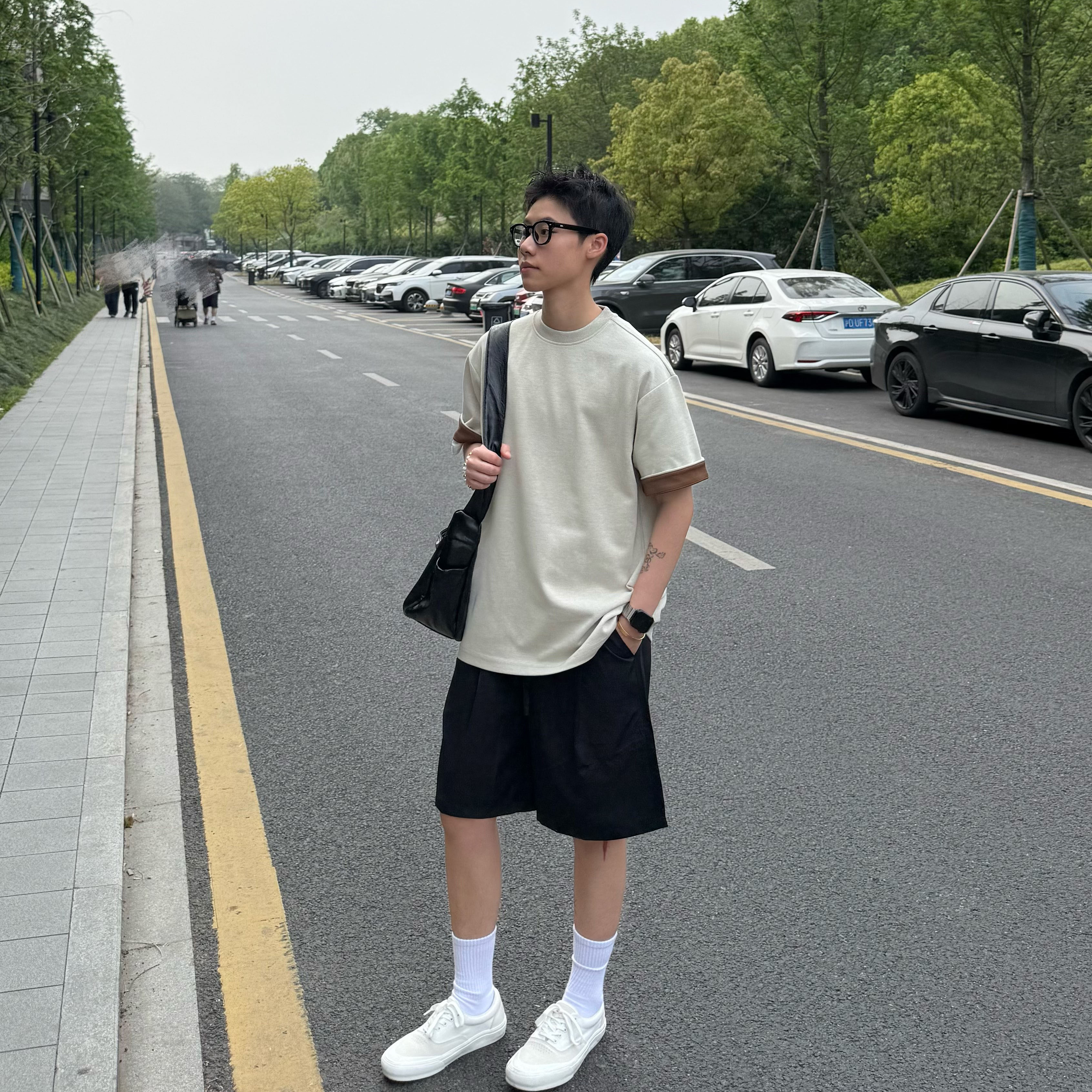 美式复古简约休闲撞色袖口短袖