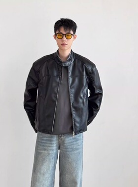 SIIIEND美式工装PU皮复古机车风立领皮衣男黑色短款拉链夹克外套