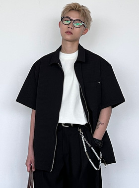 SIIIEND美式复古雅痞黑色拉链短袖衬衫新款男女潮牌宽松百搭上衣
