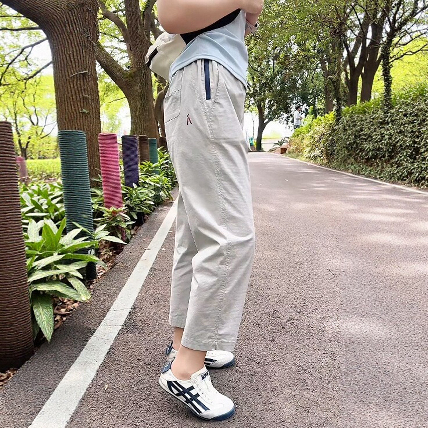 浅灰色冰丝速干运动裤女夏季薄款大码胖mm高腰显瘦遮胯九分萝卜裤