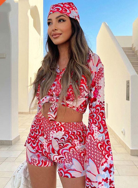 Bohemian Print 3 Piece Sets Women Long Sleeve Blouses Top Sh