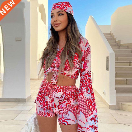 Bohemian Print 3 Piece Sets Women Long Sleeve Blouses Top Sh