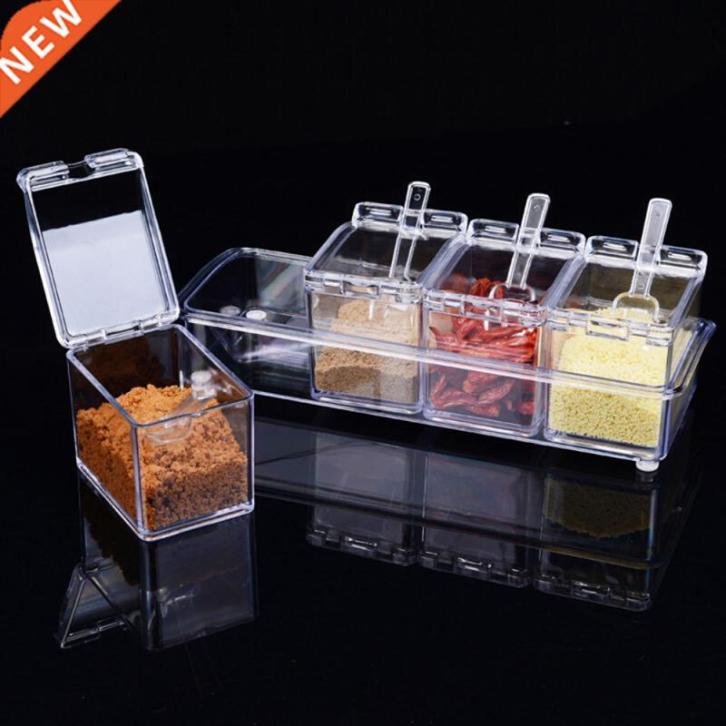 4 Cells Transparent Spice Jar Set With Spoon And Lid Salt An